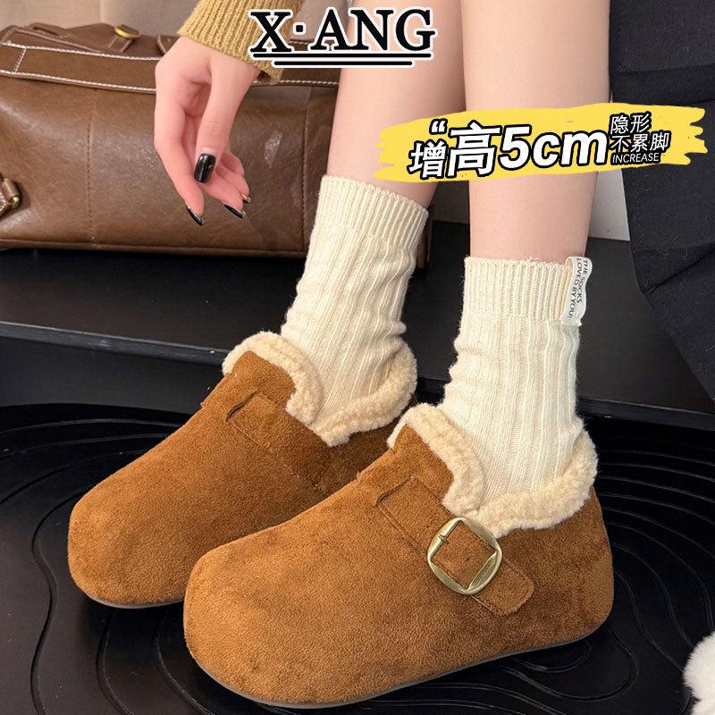 牛皮版5cm内增高全包勃肯鞋子女鞋加绒加厚保暖棉鞋一脚蹬毛毛鞋