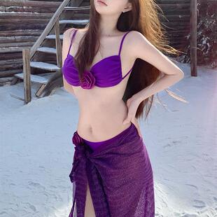 小香风显白比基尼分体泳衣女士长裙纱巾性感纯欲风山茶花沙滩泰国