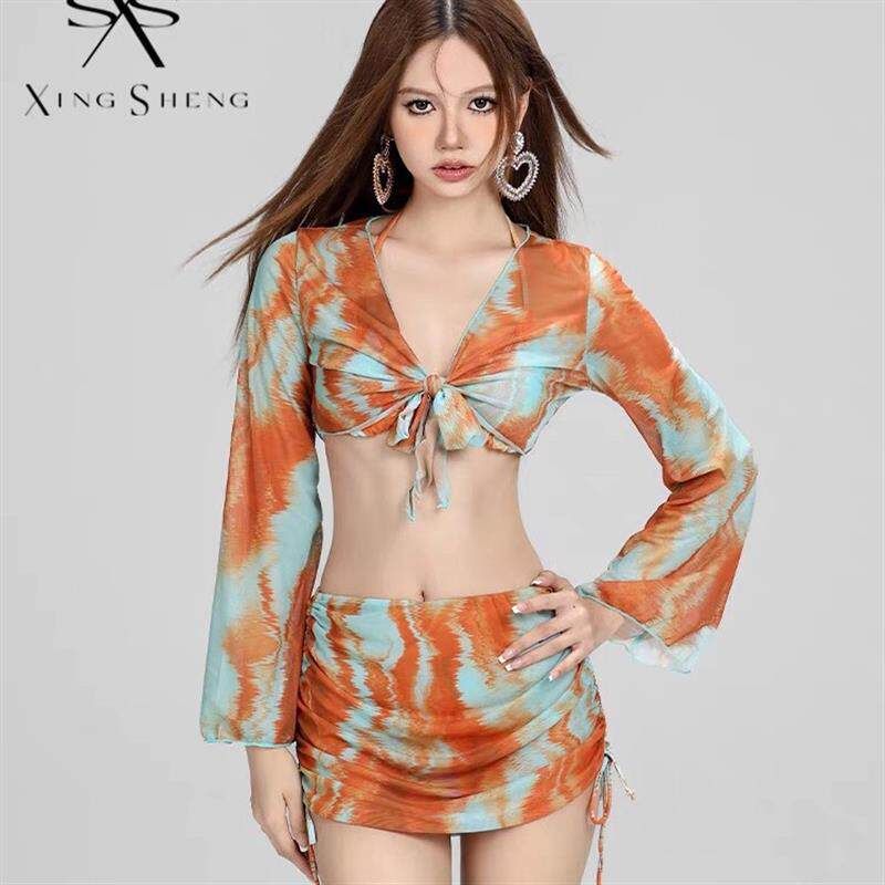 2026复古比基尼带罩衫小胸聚拢公主拍照长袖温泉度假泳衣女