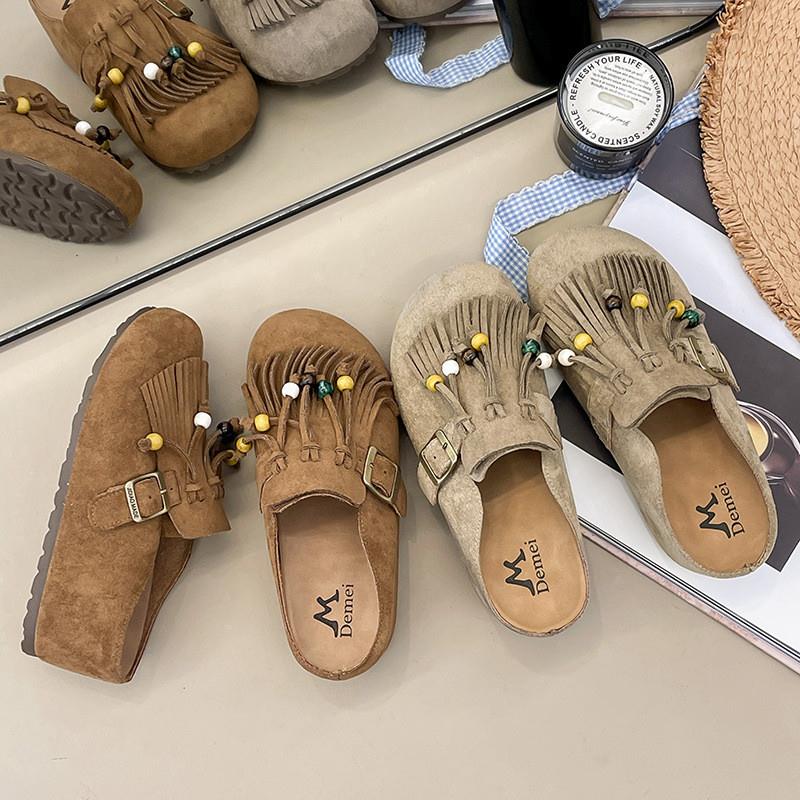 流苏串珠勃肯鞋女2025秋新款软底不累脚休闲女鞋百搭复古浅口拖鞋
