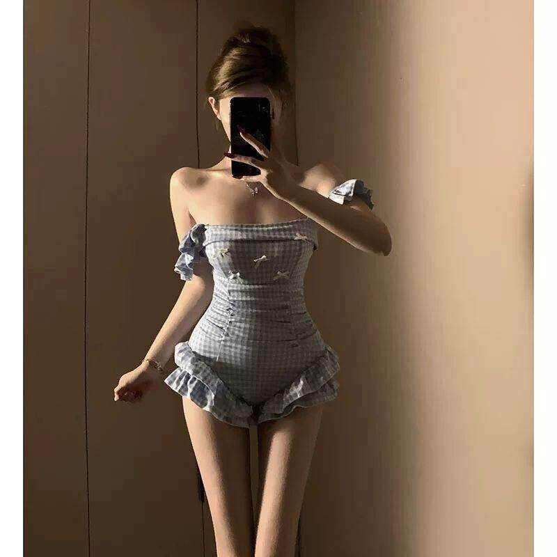 2026荷叶边连体蝴蝶结泳衣女保守遮肚显瘦纯欲风学生少女温泉