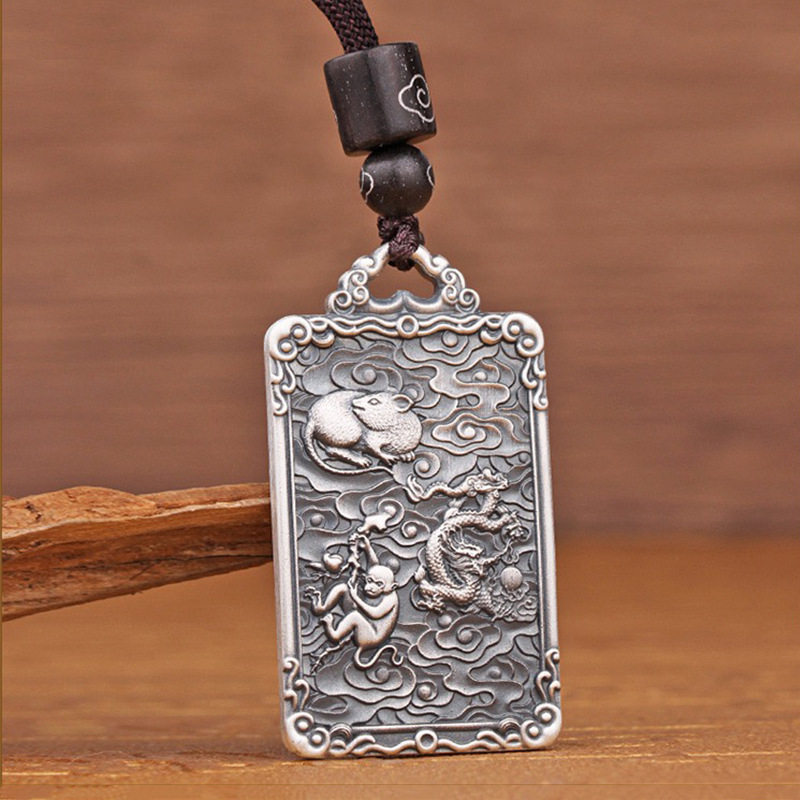 三合牌生肖挂件复古创意背面十二生肖九宫八卦旋转霸气申子辰吊坠