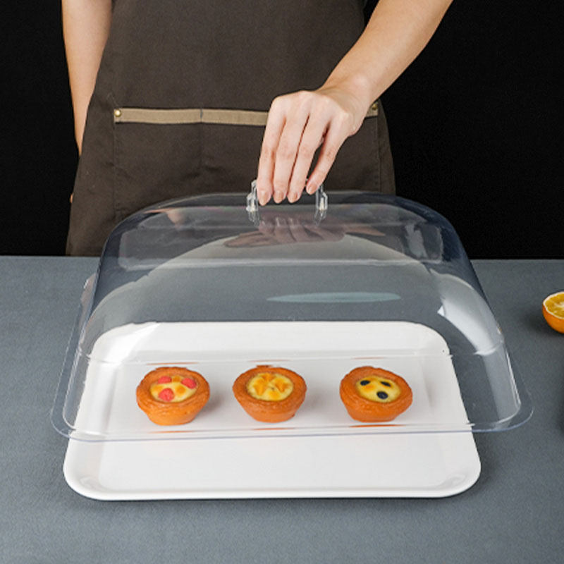 带盖密胺白托盘摆摊熟食凉菜超市展示盘带透明罩点心保鲜盖长方形