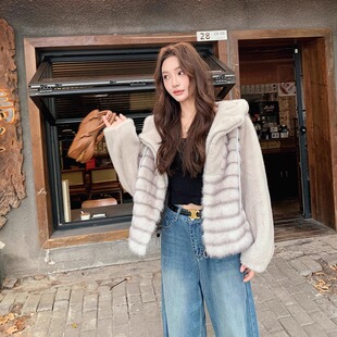 海宁环保皮草外套女仿水貂毛加厚连帽年轻款显瘦气质皮毛一体大衣