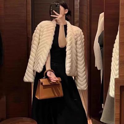 仿貂毛人字纹皮草外套显瘦开衫