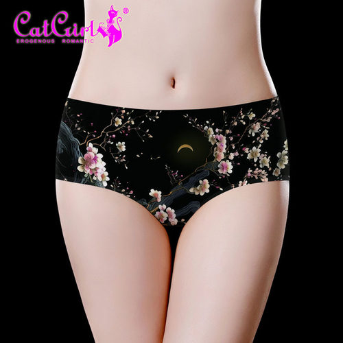 catgirl日系冰丝无痕印花女内裤中腰女生三角裤透气裸感黑色梅花