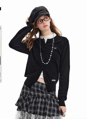 it:CHOCOOLATE黑色圆领修身针织开衫女2025新款早秋韩系简约外套