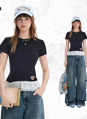 it:CHOCOOLATE黑色花边短袖T恤2025新款紧身高腰遮肉显瘦透气上衣