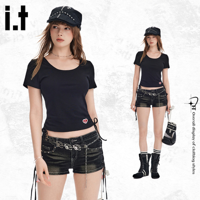 it:CHOCOOLATE短袖t恤女2026新款夏收腰正肩短款修身辣妹半袖上衣