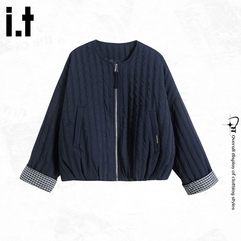 it:CHOCOOLATE藏青色格纹羽绒服女冬季新款韩系宽松百搭轻薄棉服