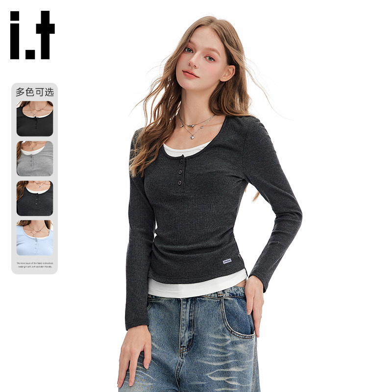 it:CHOCOOLATE假两件打底衫女秋新款弹力亲肤通勤内搭上衣长袖T恤