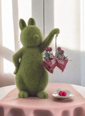 新年植绒小兔子铃铛雕像艺术品可爱兔子客厅装饰品节日装扮礼品