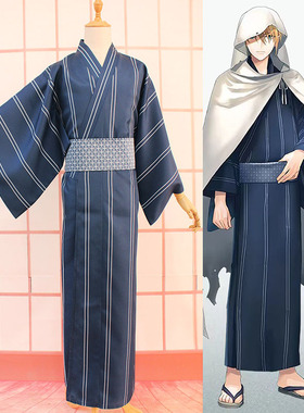 温泉漫漫一刀剑打刀山姥切国cos乱舞条纹和服浴衣深蓝色定做不退