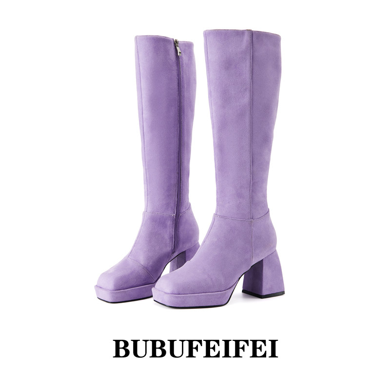 【盐里】BUBUFEIFEI 原创设计 粉紫色厚底反绒长筒靴粗跟高筒