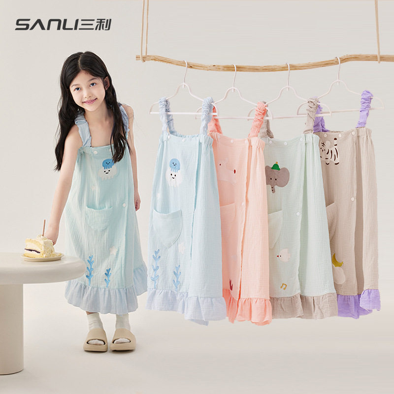 三利毛巾纯棉浴袍吊带浴袍儿童卡通浴衣刺绣浴裙成人亲子纱布浴裙