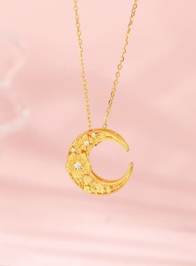 s925纯银月下花神项链女立体浮雕花朵月亮吊坠毛衣链时髦金店同款