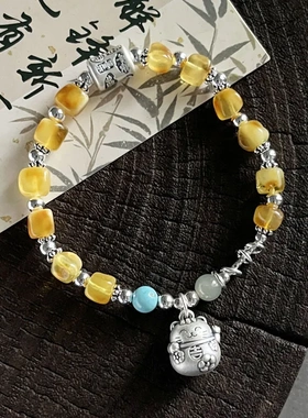 999足银招财猫蜜蜡手链女新中式国风设计手工串珠弹力绳手饰B6980