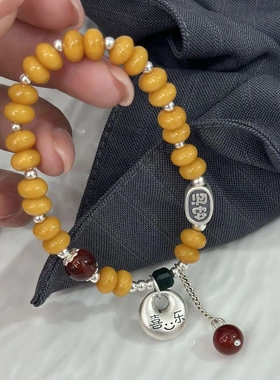 新中式S925纯银喜乐平安扣好运蜜蜡手串好运连连转运红玛瑙手链