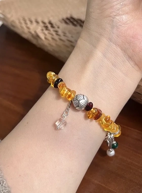 轻奢黄水晶999足银天然琥珀手链女碎石手串小众设计感百搭ins潮