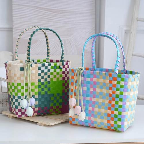 彩色清新格子儿童塑料编织手提包