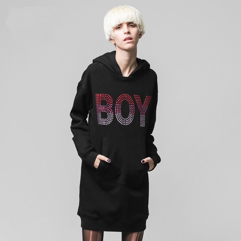 韩版秋宽松潮牌中长款连帽包臀纯棉卫衣连衣裙B63OP14F