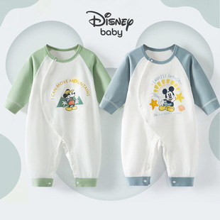 迪士尼新生婴儿连体衣服开春纯棉长袖侧开春秋满月男宝宝春装