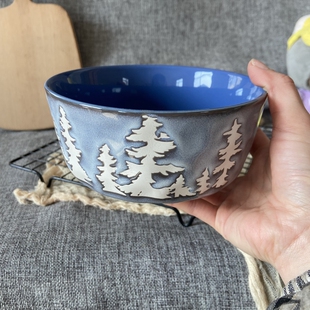 创意松树陶瓷碗简约菜碗窑变釉蓝色沙拉碗泡面碗哑光粗陶家用餐具