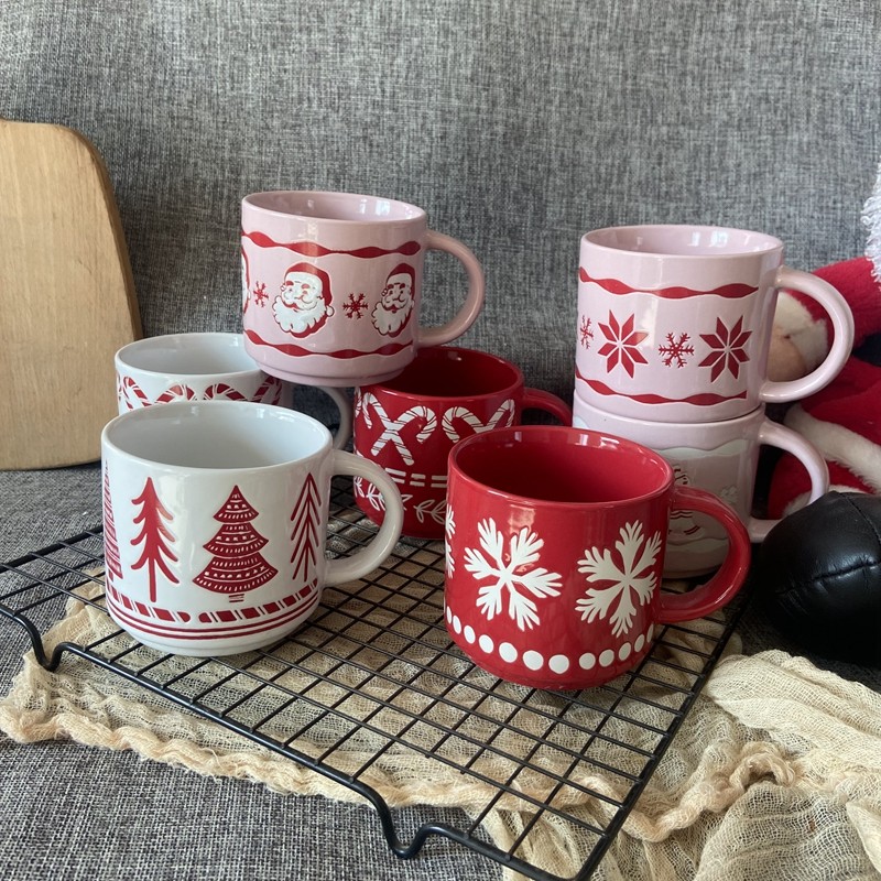 圣诞主题陶瓷马克杯高颜值高可爱红色雪花圣诞树图案情侣杯子家用
