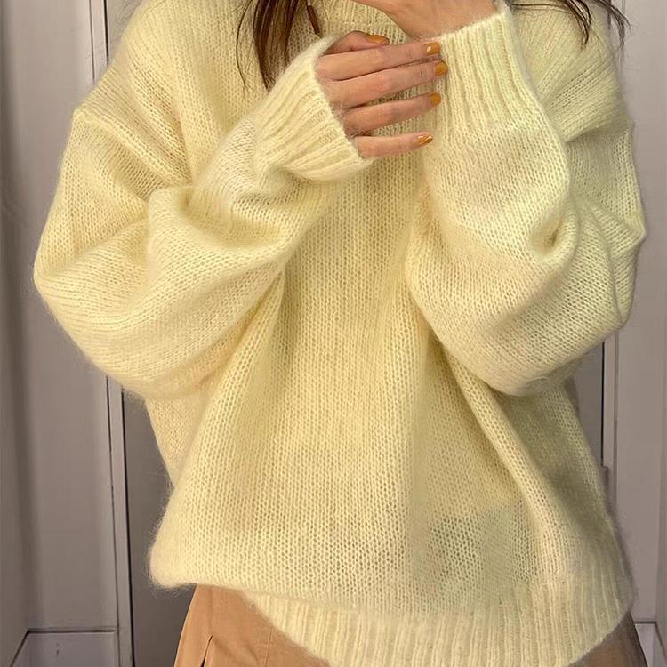 黄色软糯马海毛毛衣女冬季2025新款慵懒宽松针织内搭圆领套头上衣
