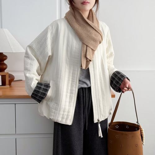 大码女装小香风竖条棉衣女