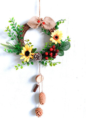 藤圈花环松果装饰挂件手工制作仿真花饰品创意幼儿园居家墙壁挂饰