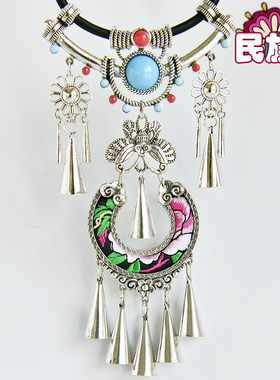 苗银女刺绣花项链民族风