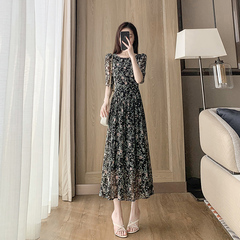 黑色碎花雪纺连衣裙女夏季2025新款收腰显瘦气质长款a字裙子仙女