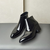 高档个性 小众反光亮面尖头短靴男粗跟外增高跟棉皮靴加绒切尔西靴