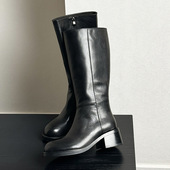 高端头层小牛皮高筒靴男侧拉链骑士靴不过膝长筒高跟皮靴增高6cm