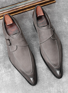 欧版个性甩尖子头层牛皮搭扣皮鞋男时尚灰色孟克鞋翘嘴尖头僧侣鞋