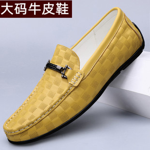 秋季体闲鞋真皮青年白色方格纹痘痘鞋软底逗逗懒人鞋黄色豆豆鞋男