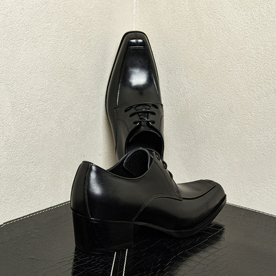 头层牛皮粗跟高跟婚礼皮鞋外增高