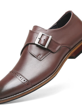 真皮36小码搭扣三接头雕花皮鞋男39小号孟克鞋商务鞋子绅士僧侣鞋