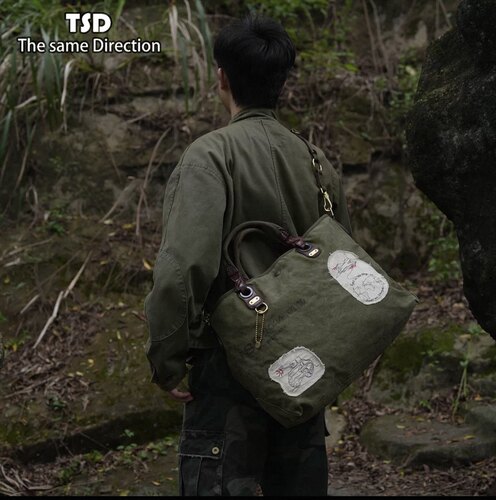 TSD皮具580g高磅加密株帆布复古贴布绣托特手提斜挎单肩包9338