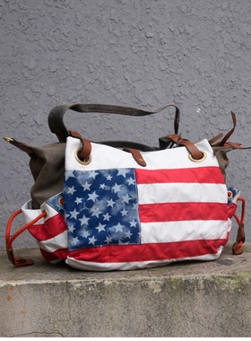 美国星条旗帆布单肩斜挎大容休闲手提托特健身旅行包清仓捡漏特价