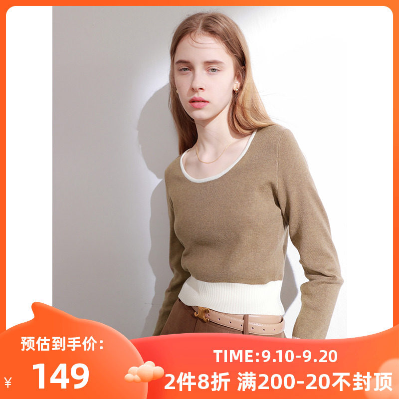 三彩2023冬季新款撞色圆领针织衫圆领修身毛衣短款内搭打底女高性价比高么？
