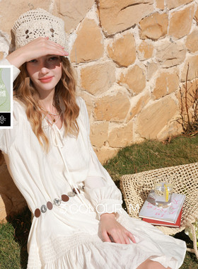 三彩2026春季新款系带V领灯笼袖宽松A字裙连衣裙小白裙短裙M