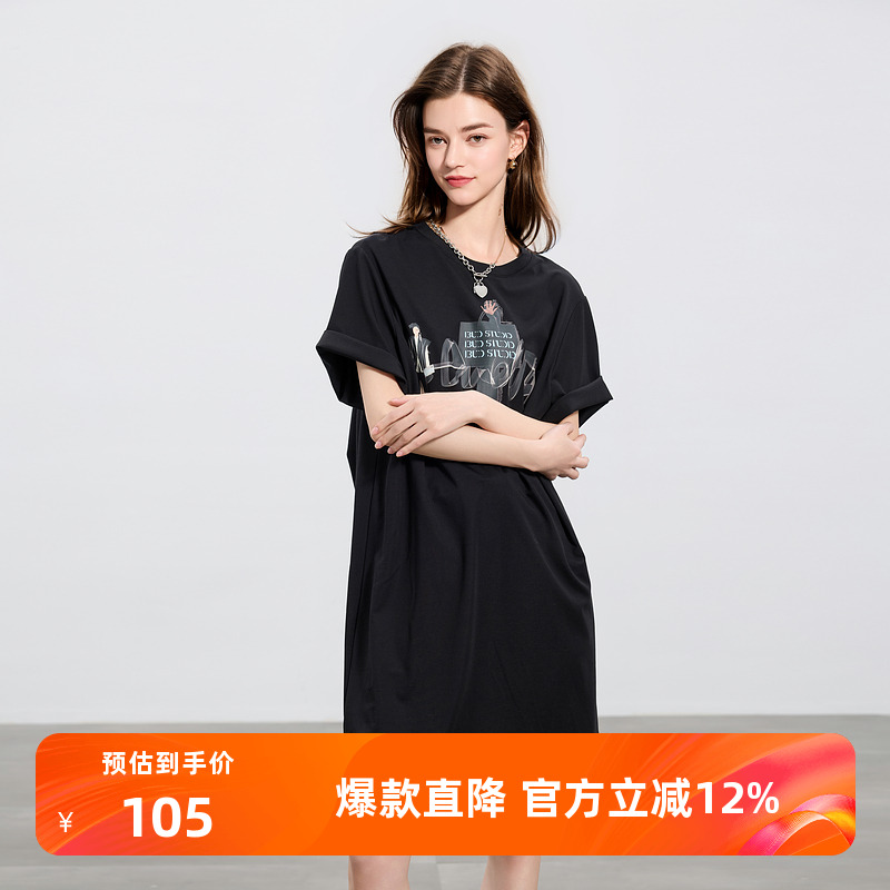 宽松印花连衣裙圆领短袖T恤裙