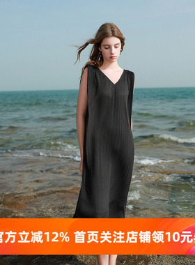 ibudu2026夏季新款肌理感连衣裙无袖V领连衣裙直筒裙女