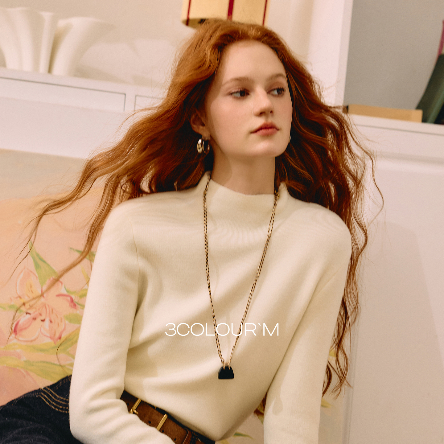 三彩2025冬季新款半高领修身针织衫仿貂毛套头毛衫打底衫保暖M