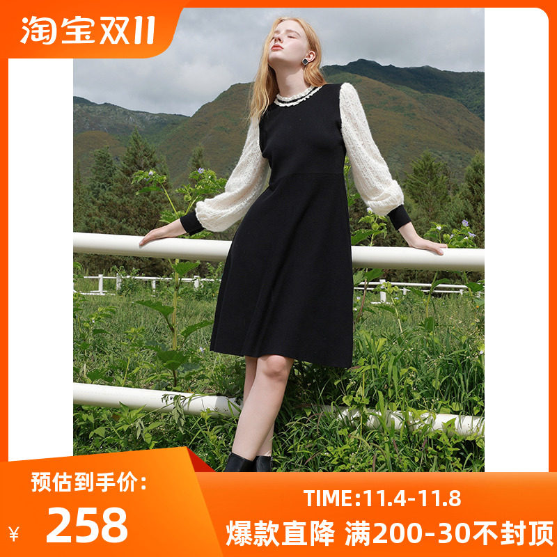 三彩2023冬季新款蕾丝拼接连衣裙木耳边圆领收腰A字裙优雅淑女高性价比高么？