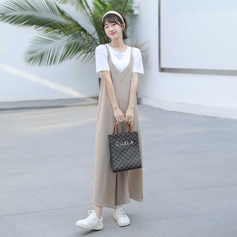 黑色吊带阔腿裤女高腰垂感2025夏季薄款雪纺连体裤设计感背带裤