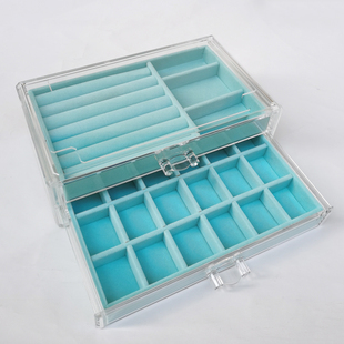 透明2层亚克力抽屉绒布托耳钉耳环戒指项链首饰珠宝收纳盒整理盒