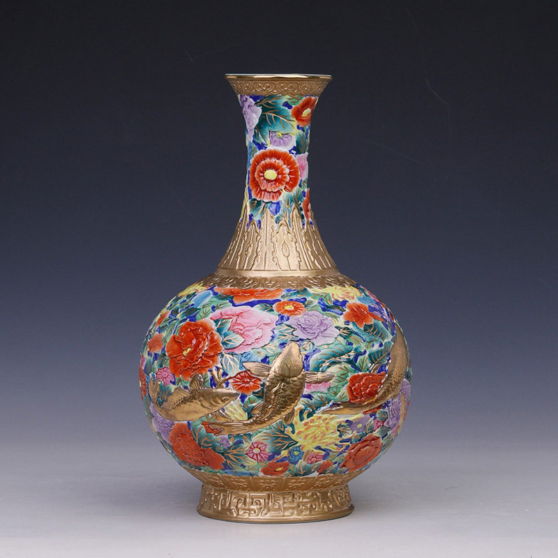 大清乾隆珐琅彩万花堆雕鱼赏瓶古董仿古瓷器摆件老物件收藏精品